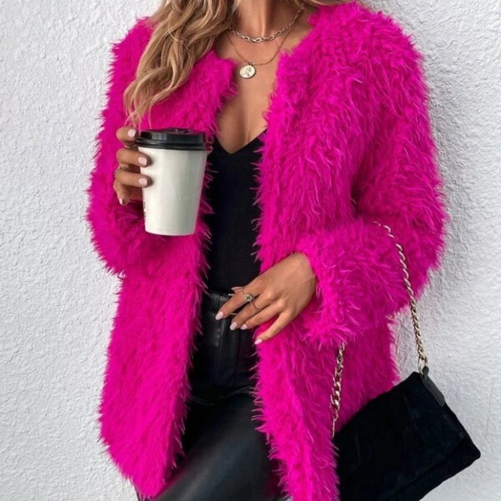 hot Pink Faux fur teddy open front coat jacket trendy contemporary barbie-core - Picture 5 of 6